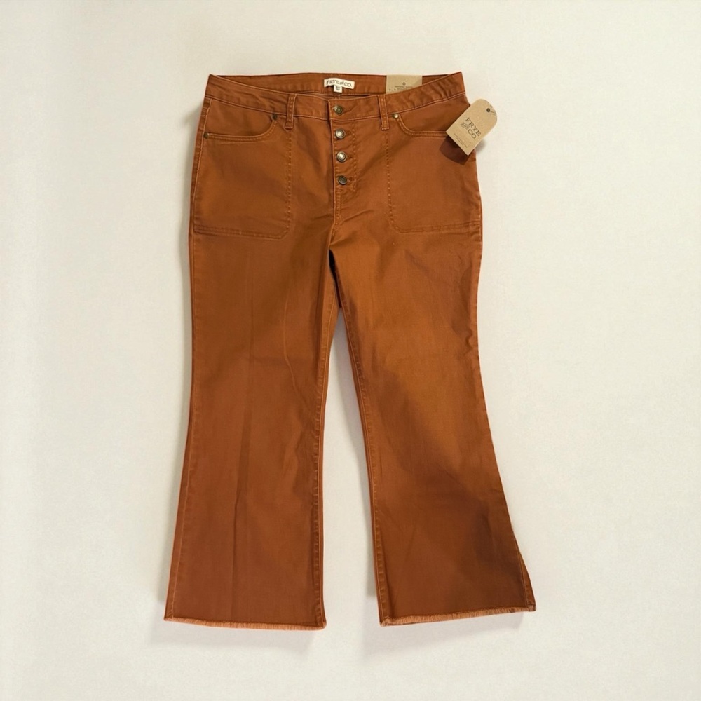 Frye and Co. Rust Orange Mid-Rise Crop Flare Button-Up Denim